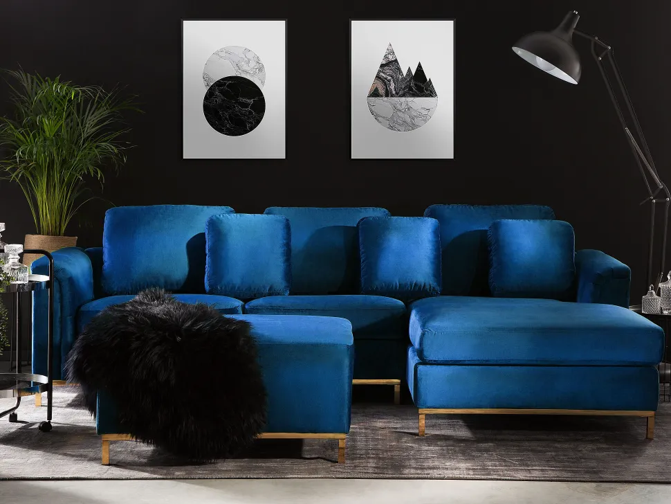 Left Hand Velvet Corner Sofa With Ottoman Navy Blue Oslo