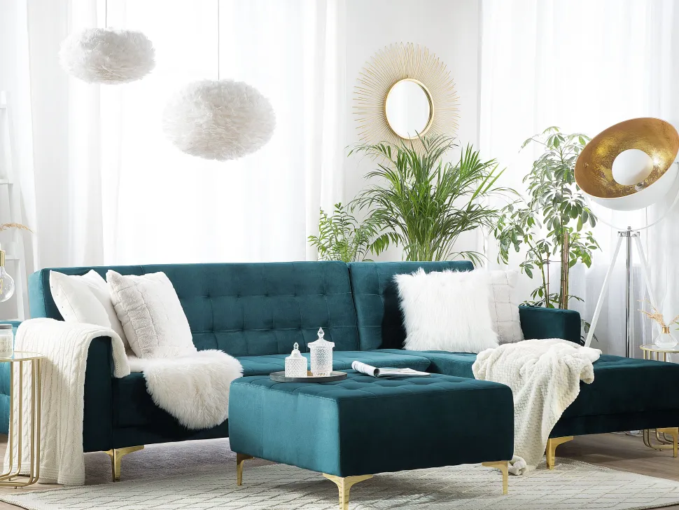 Left Hand Velvet Corner Sofa With Ottoman Teal Aberdeen