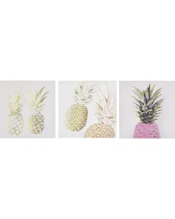 Leinwandbild Rosa / Gold Ananas-Motiv 3Er Set 30 X 30 Cm Apesika