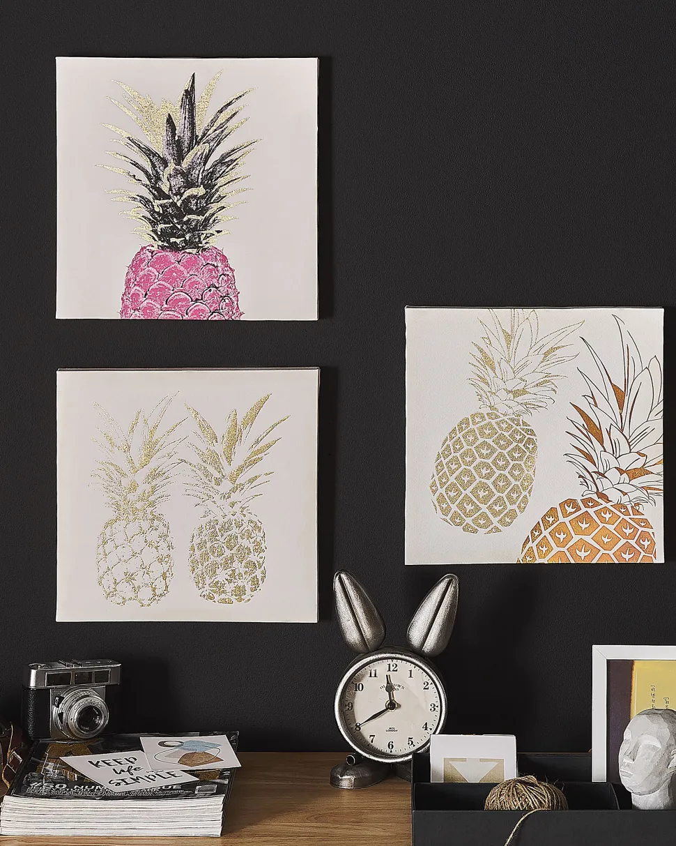 Leinwandbild Rosa / Gold Ananas-Motiv 3Er Set 30 X 30 Cm Apesika