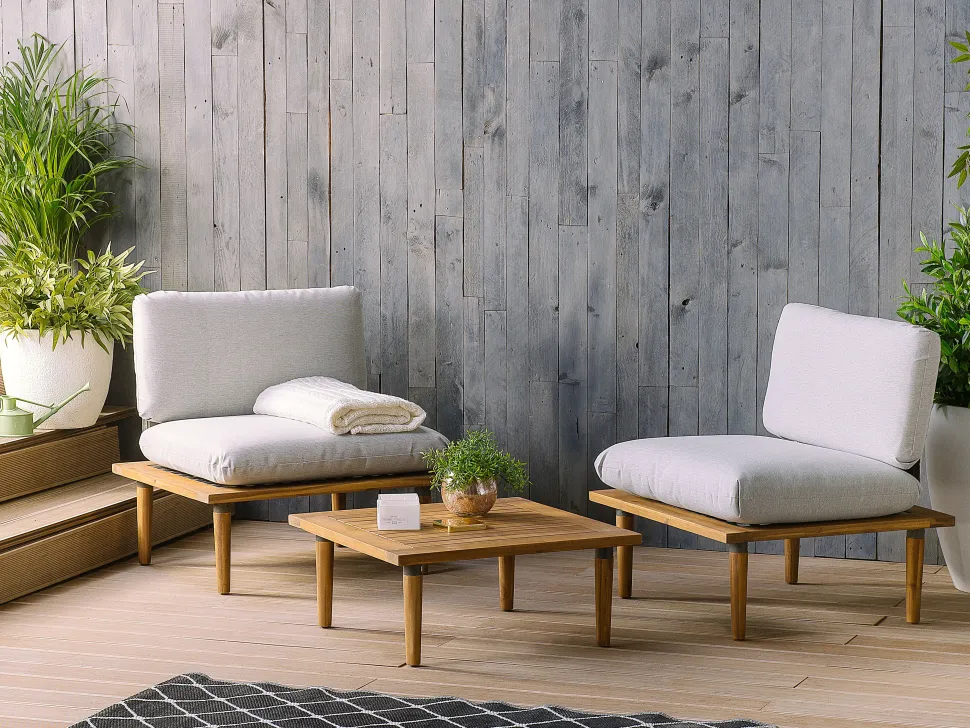 Lounge Set Akazienholz Hellbraun 2-Sitzer Auflagen Hellgrau Frascati