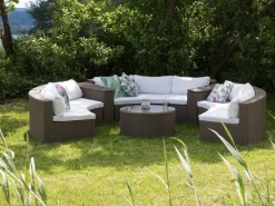 Lounge Set Rattan Hellbraun 9-Sitzer Rund Auflagen Weis Severo