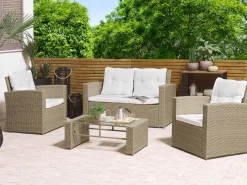 Lounge Set Rattan Hellbraun 4-Sitzer Auflagen Cremeweis Luca