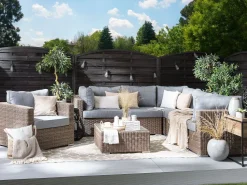 Lounge Set Rattan Hellbraun 6-Sitzer Rechtsseitig Modular Auflagen Hellgrau Contare