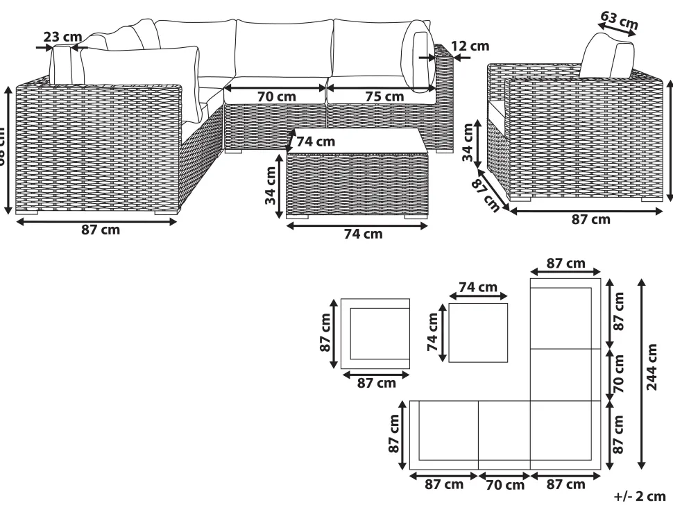 Lounge Set Rattan Hellbraun 6-Sitzer Rechtsseitig Modular Auflagen Hellgrau Contare