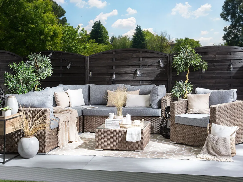 Lounge Set Rattan Hellbraun 6-Sitzer Rechtsseitig Modular Auflagen Hellgrau Contare