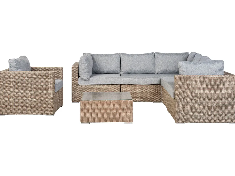 Lounge Set Rattan Hellbraun 6-Sitzer Rechtsseitig Modular Auflagen Hellgrau Contare