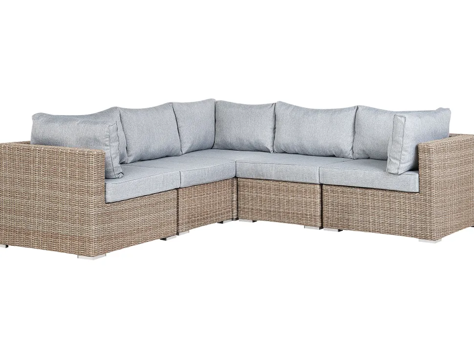 Lounge Set Rattan Hellbraun 6-Sitzer Rechtsseitig Modular Auflagen Hellgrau Contare