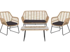Lounge Set Rattan Naturlich 4-Sitzer Auflagen Schwarz Minori