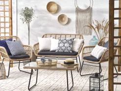 Lounge Set Rattan Naturlich 4-Sitzer Auflagen Schwarz Minori