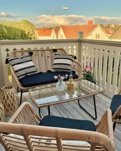 Lounge Set Rattan Naturlich 4-Sitzer Auflagen Schwarz Minori