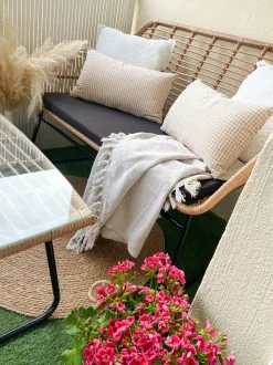 Lounge Set Rattan Naturlich 4-Sitzer Auflagen Schwarz Minori