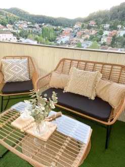 Lounge Set Rattan Naturlich 4-Sitzer Auflagen Schwarz Minori