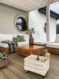 Lounge Set Rattan Naturlich 4-Sitzer Rechtsseitig Modular Auflagen Cremeweis Varallo