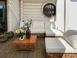 Lounge Set Rattan Naturlich 4-Sitzer Rechtsseitig Modular Auflagen Cremeweis Varallo