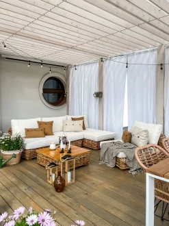 Lounge Set Rattan Naturlich 4-Sitzer Rechtsseitig Modular Auflagen Cremeweis Varallo