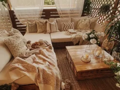 Lounge Set Rattan Naturlich 4-Sitzer Rechtsseitig Modular Auflagen Cremeweis Varallo