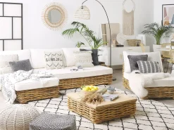 Lounge Set Rattan Naturlich 4-Sitzer Rechtsseitig Modular Auflagen Cremeweis Varallo