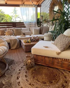 Lounge Set Rattan Naturlich 4-Sitzer Rechtsseitig Modular Auflagen Cremeweis Varallo
