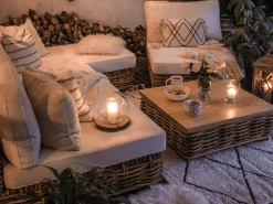 Lounge Set Rattan Naturlich 4-Sitzer Rechtsseitig Modular Auflagen Cremeweis Varallo