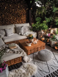 Lounge Set Rattan Naturlich 4-Sitzer Rechtsseitig Modular Auflagen Cremeweis Varallo