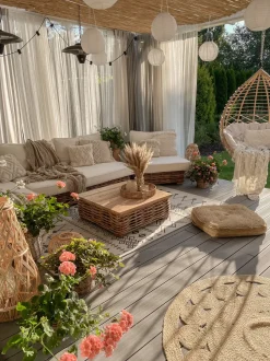 Lounge Set Rattan Naturlich 4-Sitzer Rechtsseitig Modular Auflagen Cremeweis Varallo