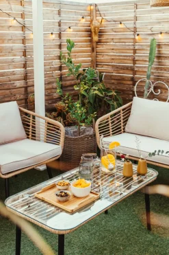 Lounge Set Rattan Naturlich 4-Sitzer Auflagen Hellgrau Corinth Ii