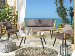Lounge Set Rattan Naturlich 4-Sitzer Auflagen Graphitgrau Fobello