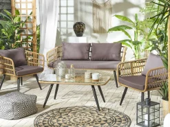 Lounge Set Rattan Naturlich 4-Sitzer Auflagen Graphitgrau Fobello