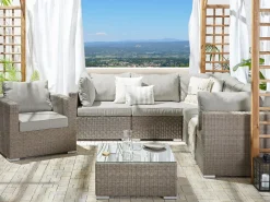 Lounge Set Rattan Taupe 6-Sitzer Linksseitig Modular Auflagen Hellgrau Contare