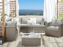 Lounge Set Rattan Taupe 6-Sitzer Linksseitig Modular Auflagen Hellgrau Contare