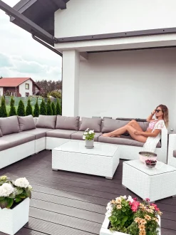 Lounge Set Rattan Weis 8-Sitzer Modular Auflagen Grau Xxl
