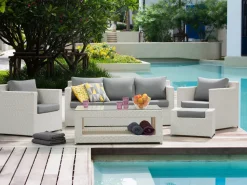 Lounge Set Rattan Weis 6-Sitzer Auflagen Grau Roma