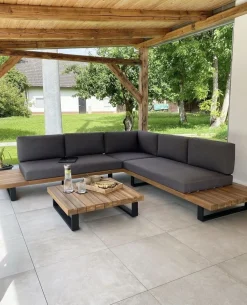 Lounge Set Zertifiziertes Akazienholz 5-Sitzer Hellbraun Auflagen Grau Mykonos