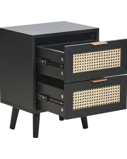 Nachttisch Rattan Schwarz / Beige 2 Schubladen 30 X 40 X 52 Cm Opoco