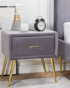 Nachttisch Samtstoff Grau / Gold 1 Schublade 38 X 46 X 49 Cm Flayat