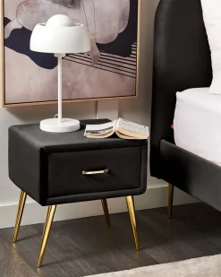 Nachttisch Samtstoff Schwarz / Gold 1 Schublade 38 X 46 X 49 Cm Flayat