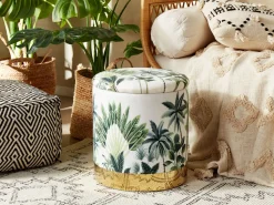 Pouf Mit Stauraum Samtstoff Weis / Grun Pflanzenmuster 38 Cm Harrison