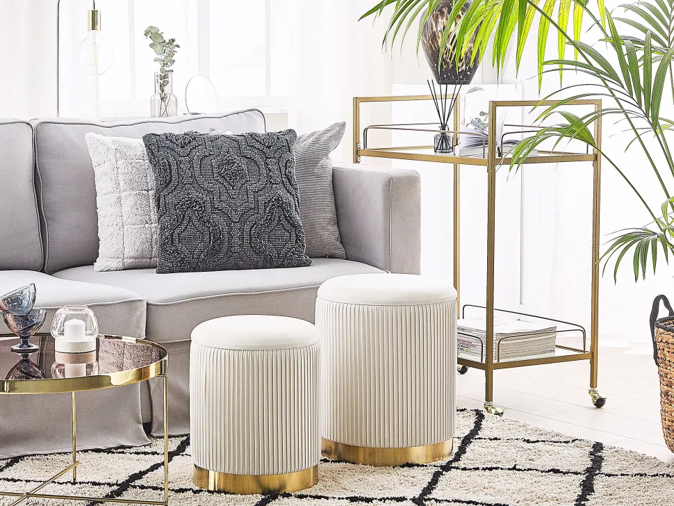 Pouf Samtstoff Mit Stauraum Weis 2Er Set Miramar