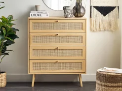 Rattan 4 Schubladen Kommode Helles Holz Perote