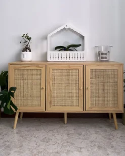 Rattan 3 Turen Sideboard Helles Holz Perote