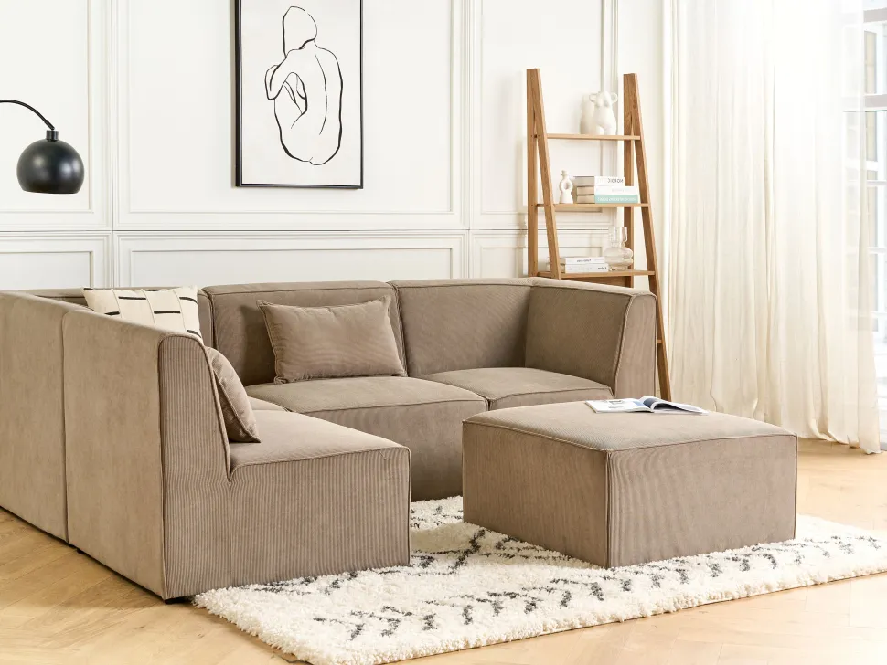 Right Hand 4 Seater Modular Jumbo Cord Corner Sofa With Ottoman Taupe Lemvig