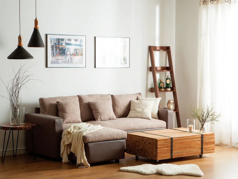 Right Hand Corner Fabric Sofa Bed Beige Tampere