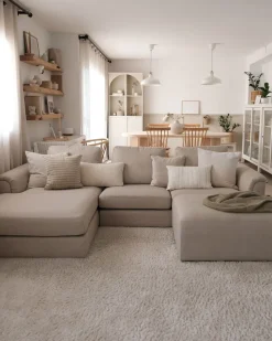 Right Hand Fabric Corner Sofa With Ottoman Beige Oslo