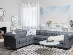 Right Hand Fabric Corner Sofa Grey Chesterfield