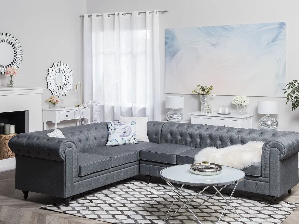 Right Hand Fabric Corner Sofa Grey Chesterfield