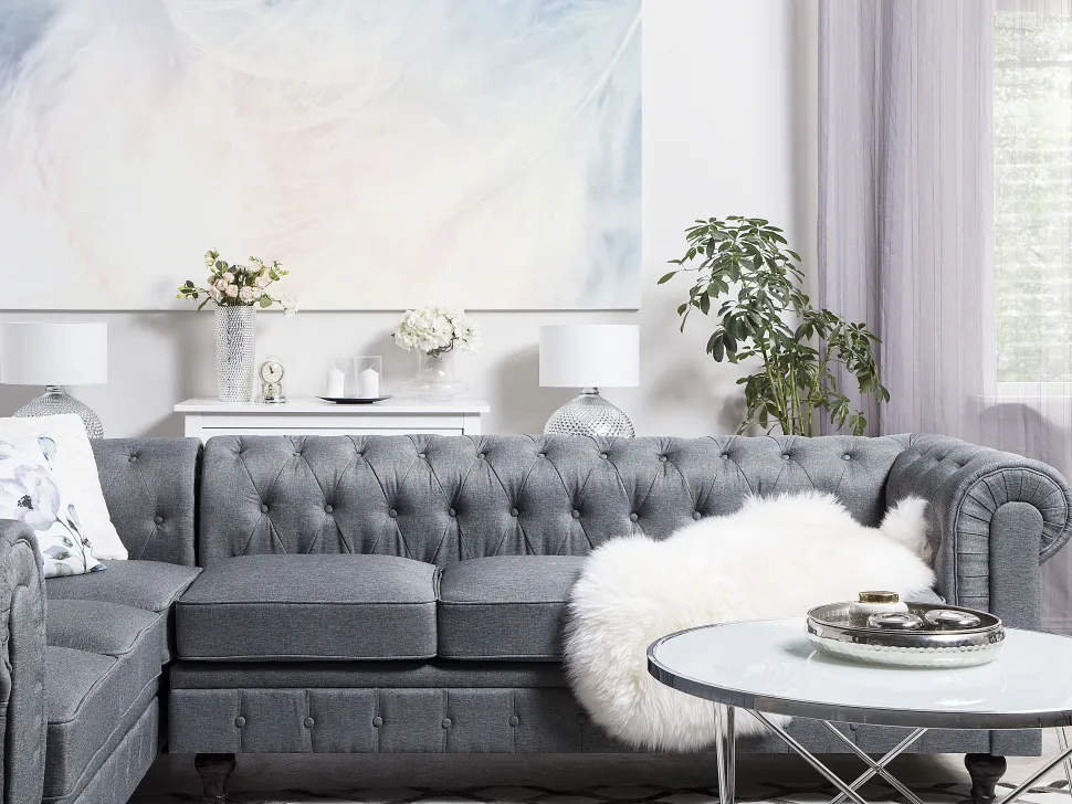 Right Hand Fabric Corner Sofa Grey Chesterfield