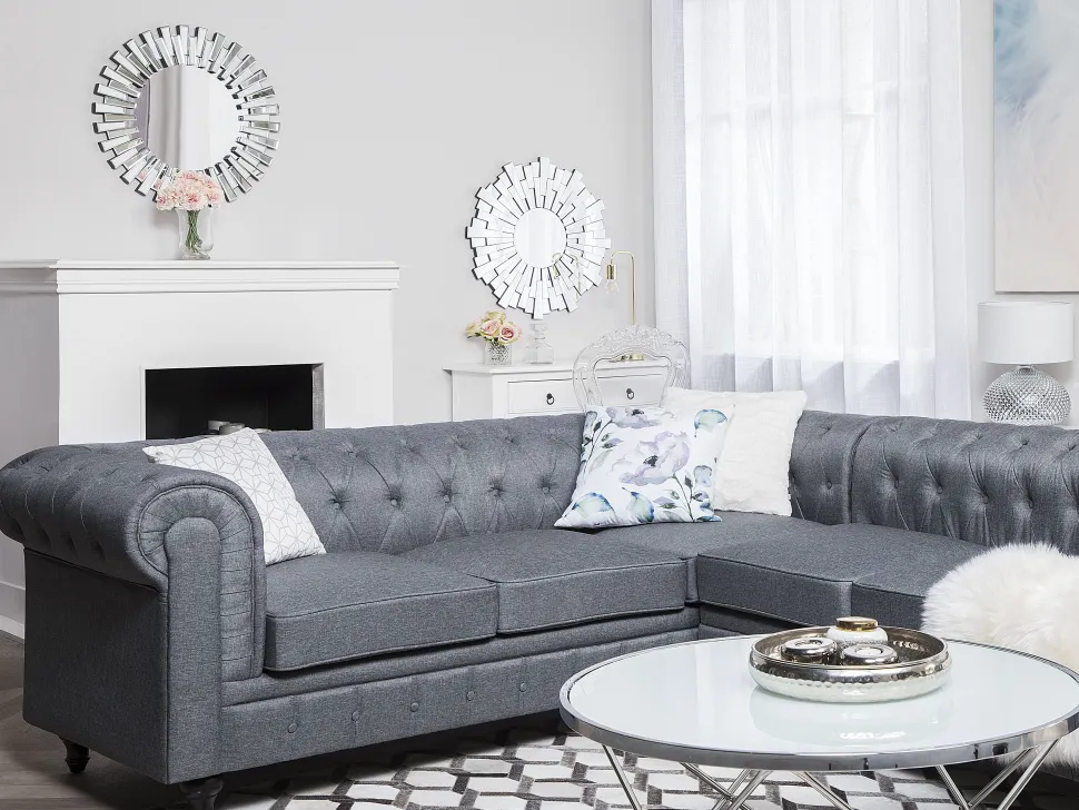 Right Hand Fabric Corner Sofa Grey Chesterfield