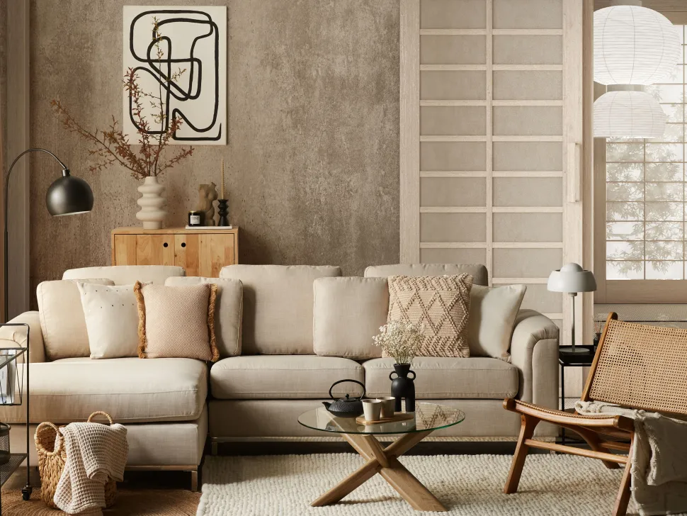 Right Hand Fabric Corner Sofa Beige Oslo