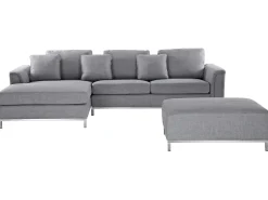 Right Hand Fabric Corner Sofa With Ottoman Light Grey Oslo